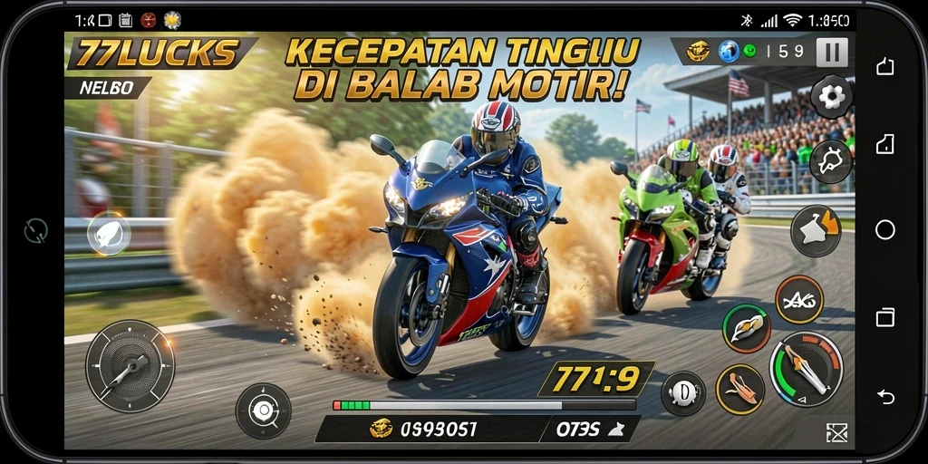Gameplay mendebarkan dalam 77LUCKS dengan balapan motor yang cepat.
