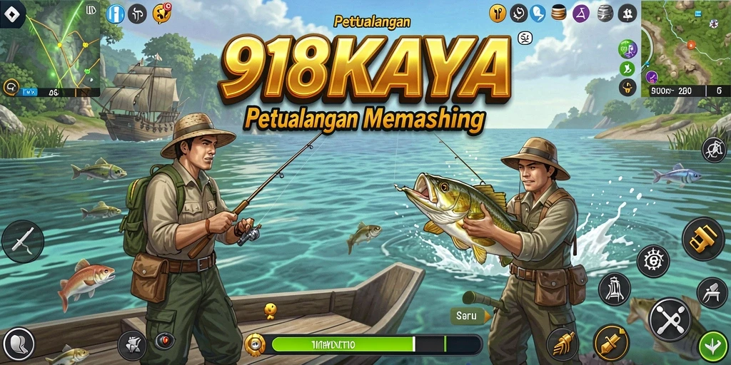 Screenshot 918KAYA menampilkan pemain yang sedang memancing di danau yang indah.