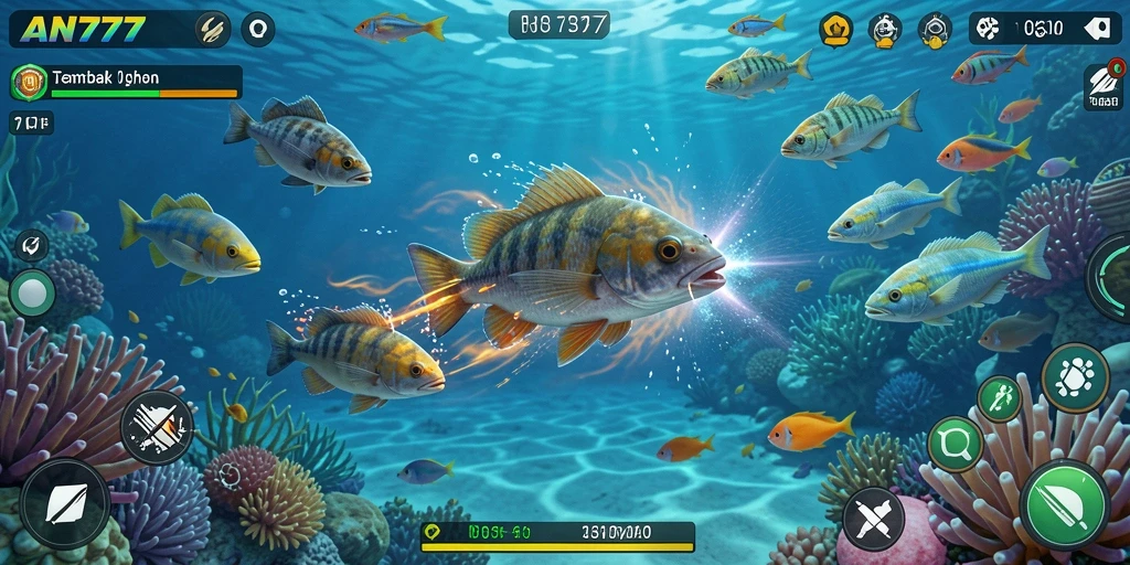 Screenshot gameplay AN777 menampilkan aksi menembak ikan yang seru.