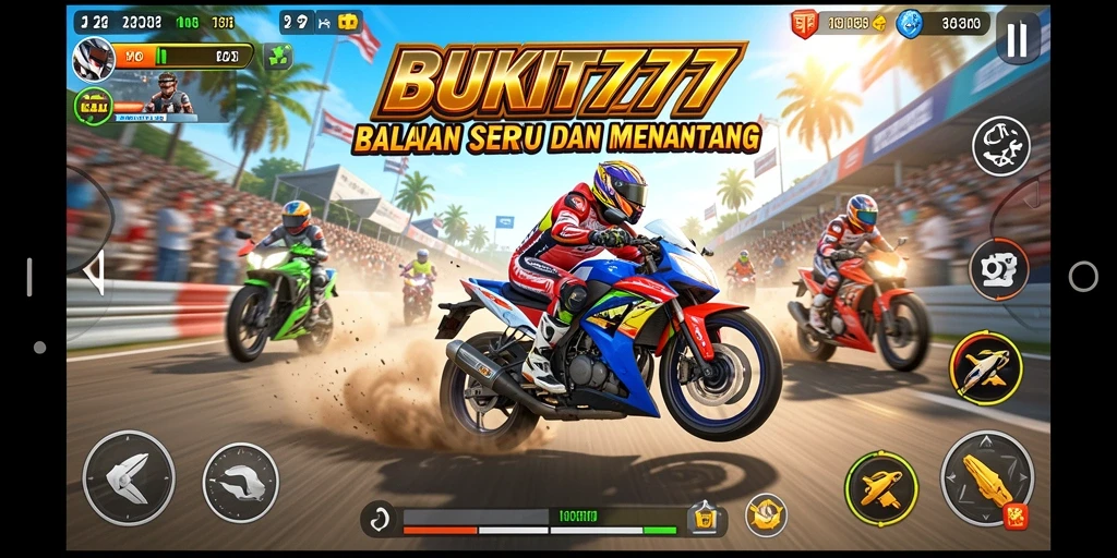 Screenshot gameplay BUKIT777 dengan aksi balapan motor yang mendebarkan.