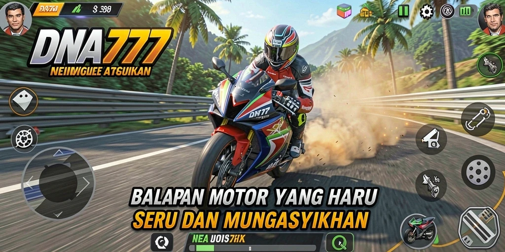 Tampilan gameplay DNA777 menampilkan aksi balapan motor yang mendebarkan.