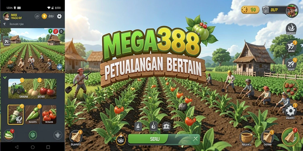 Tampilan gameplay MEGA388 dengan ladang yang subur dan hewan ternak.