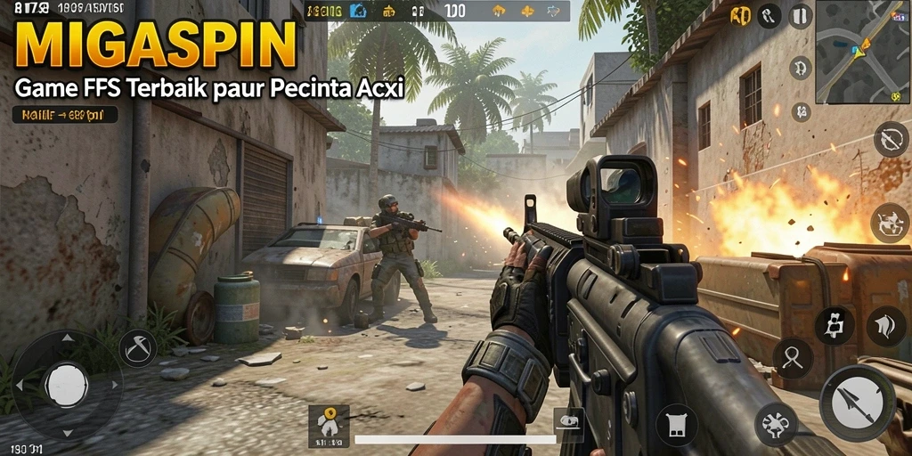 Gambaran gameplay MIGASPIN dengan aksi menembak yang intens dan grafis yang menakjubkan.