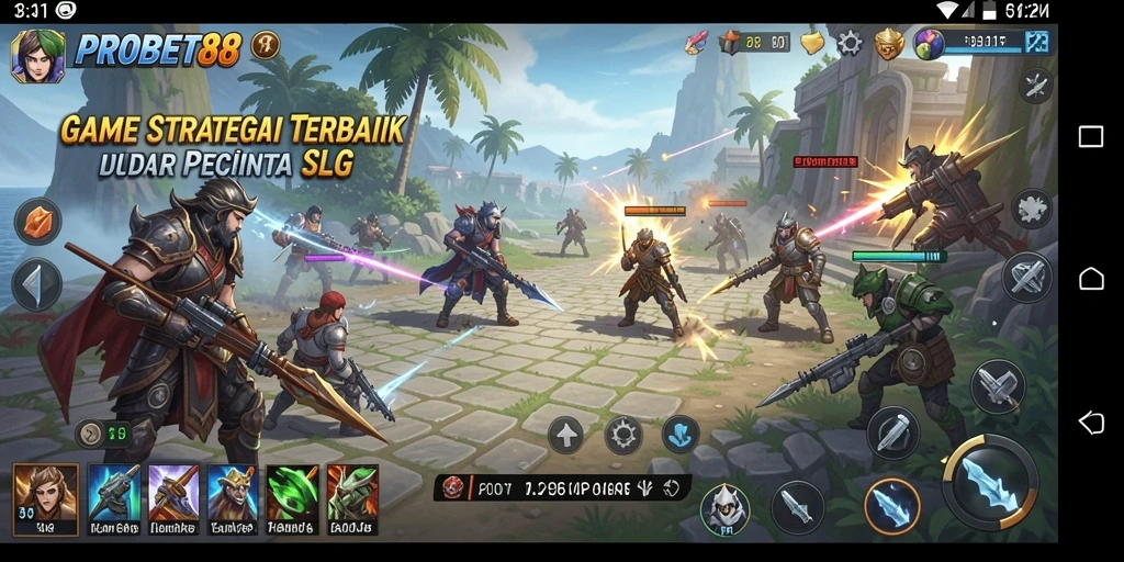 Screenshot gameplay PROBET88 menunjukkan pertempuran strategis yang mendebarkan.
