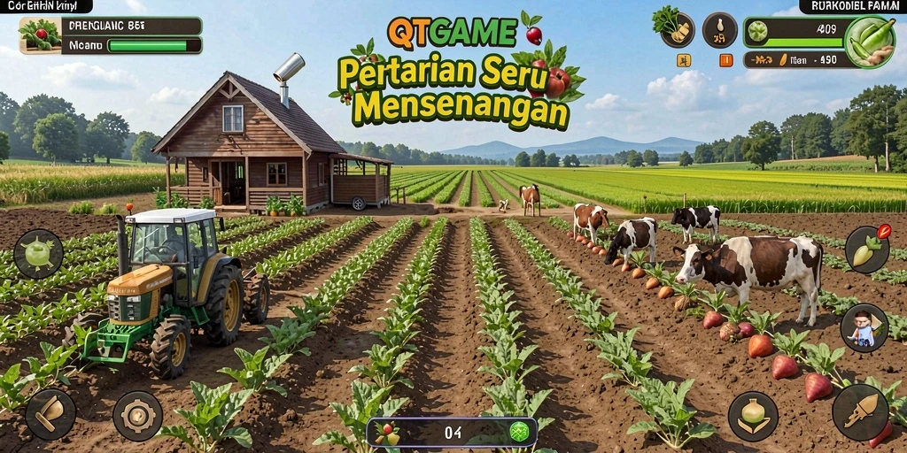 Tampilan gameplay QTGAME yang menampilkan pertanian yang cerah dan interaktif.