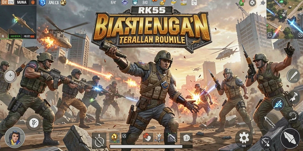 Screenshot RK55 menunjukkan aksi seru dalam pertempuran Battle Royale.