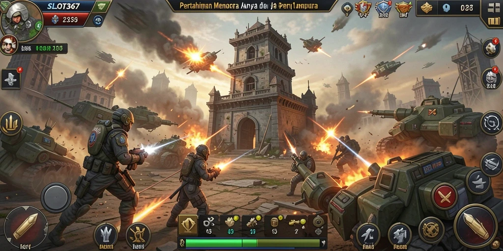 Tampilkan gameplay menegangkan SLOT367 dengan menara dan musuh yang beragam.